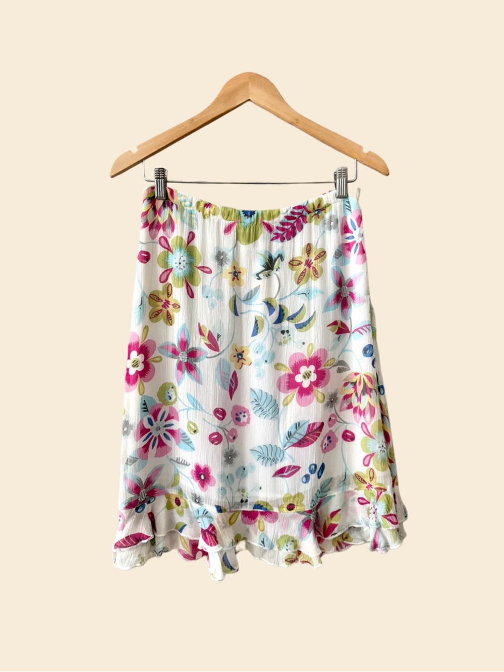 White Midi Skirt with Pink, Green & Blue Floral Print